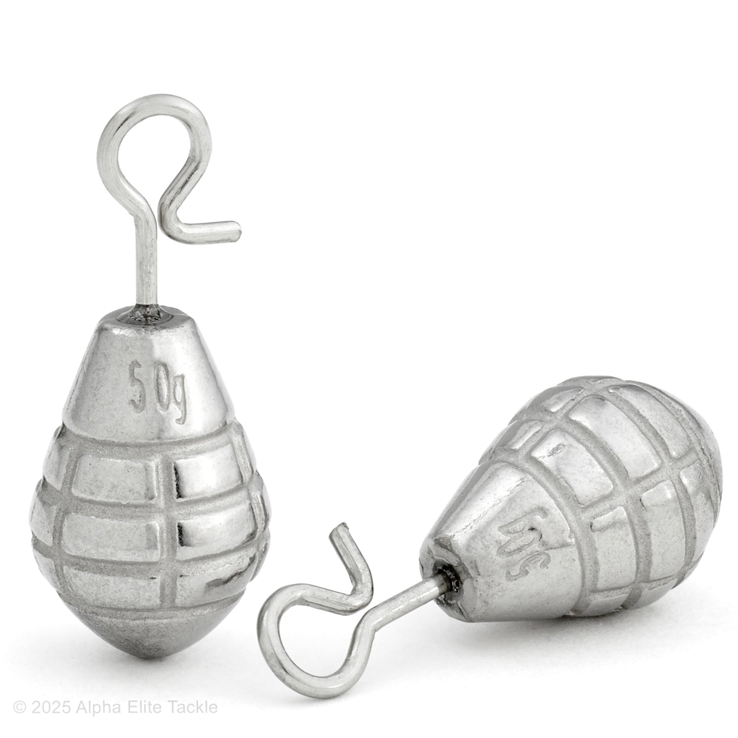 Close up of two Varivas TG Grenade Quick Change weights on a white background.