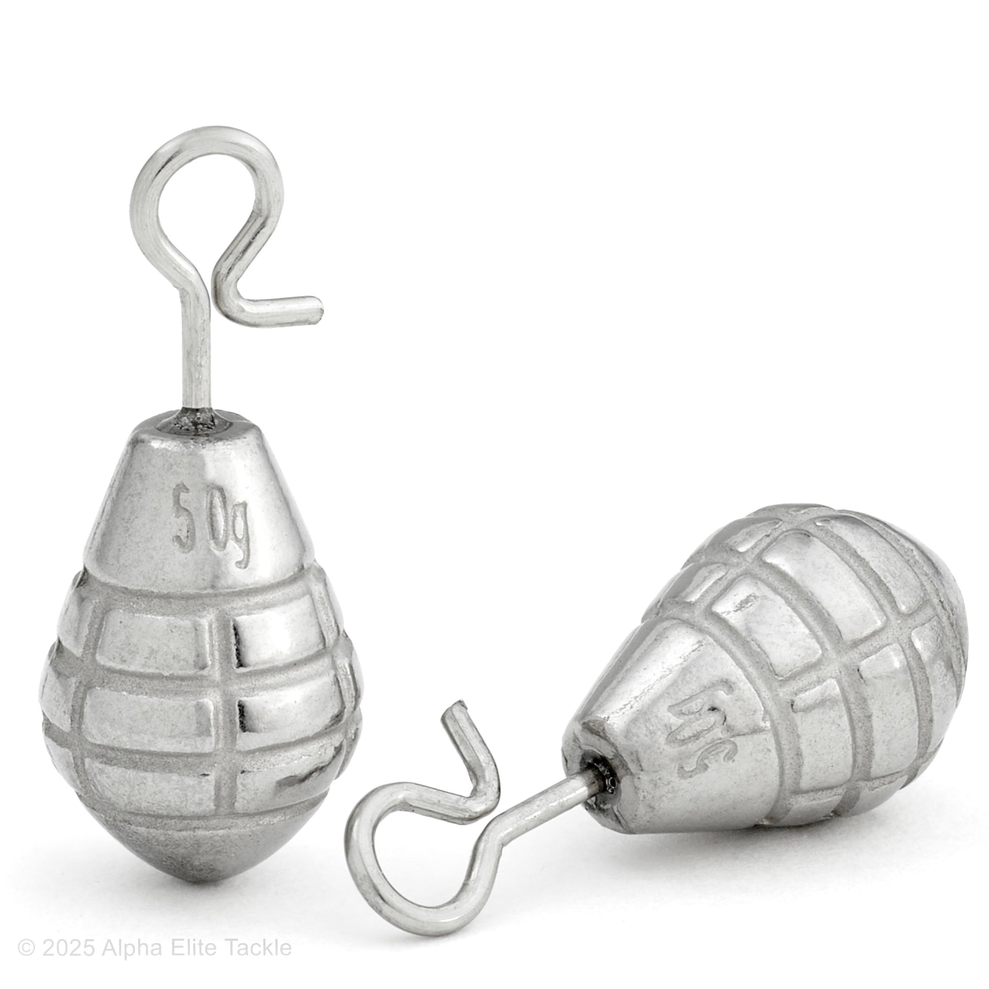 Close up of two Varivas TG Grenade Quick Change weights on a white background.