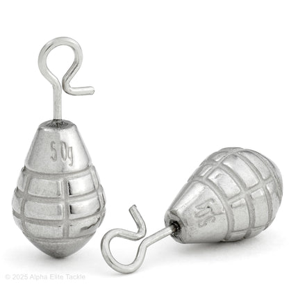 Close up of two Varivas TG Grenade Quick Change weights on a white background.