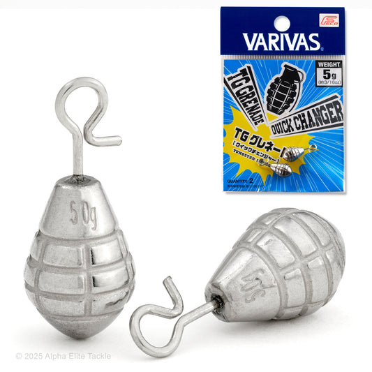 Close up of two Varivas TG Grenade Quick Change weights and it's packaging on a white background.