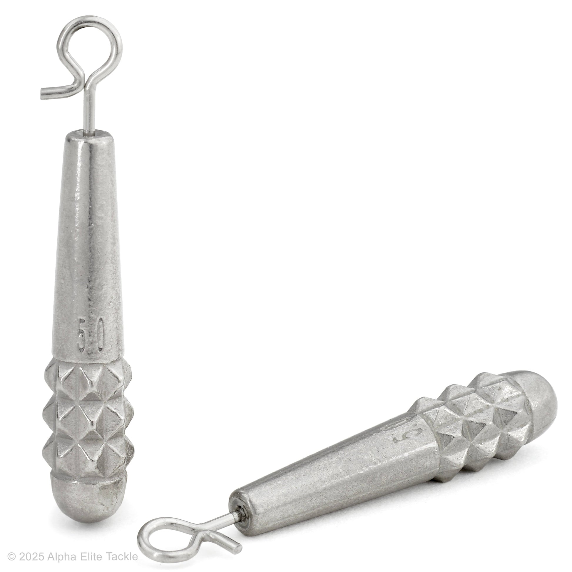 Close up of two Varivas TG Slim Sinker Quick Change weights on a white background.