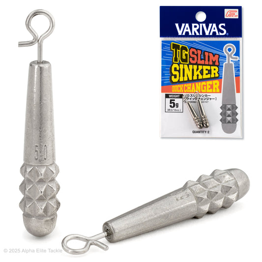 Close up of two Varivas TG Slim Sinker Quick Change weights and it's packaging on a white background.