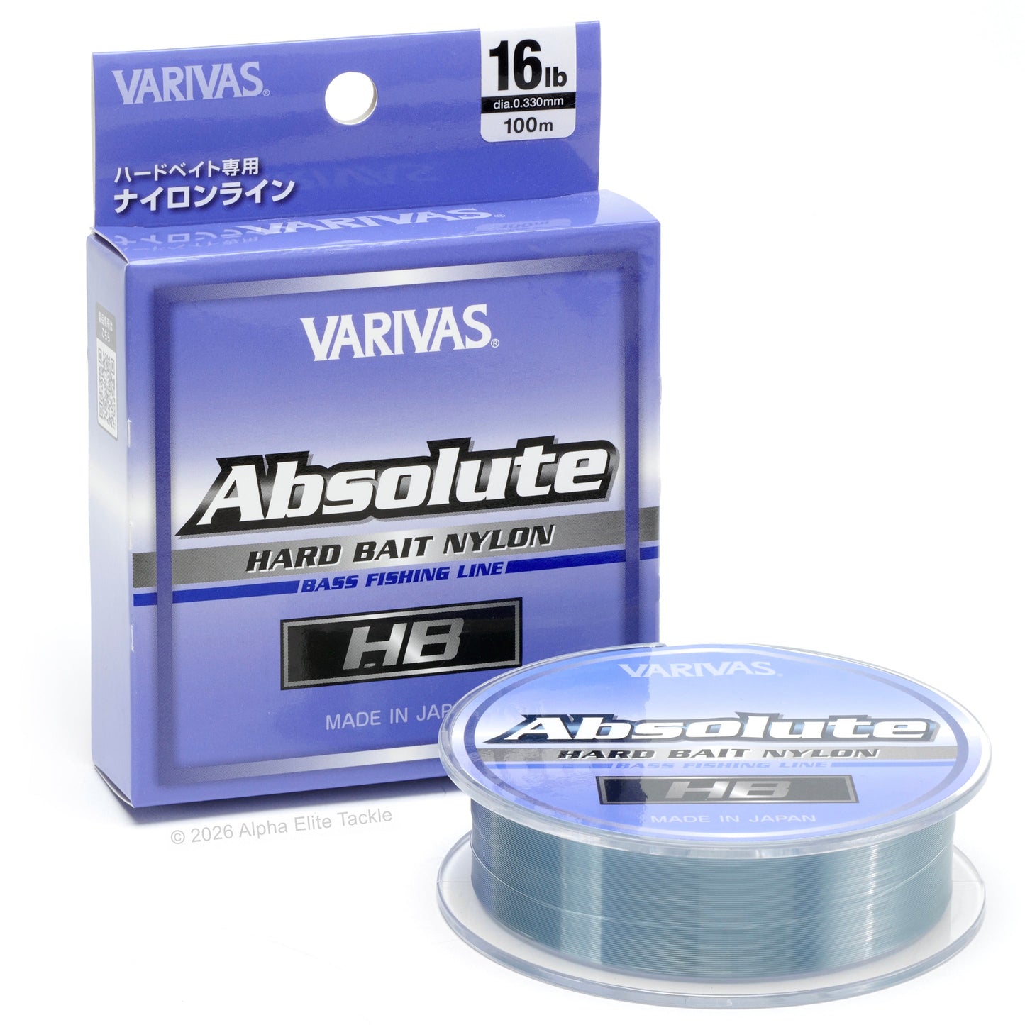 Varivas Absolute Hard Bait Nylon H8 fishing line shown with its blue retail box and a spool of line on a white background.