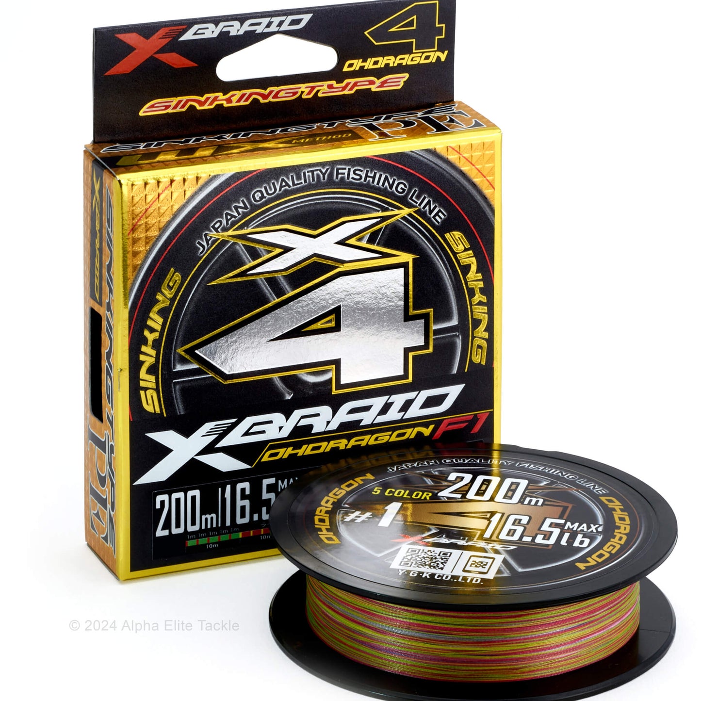 one spool and one package of the YGK X Braid Ohdragon F1 Sinking Braid 200 meters on a white backgound.