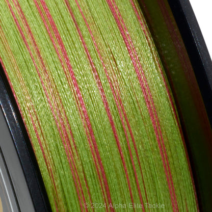 Close up of the YGK X Braid Ohdragon F1 Sinking Braid 200 meters green braid on a white backgound.
