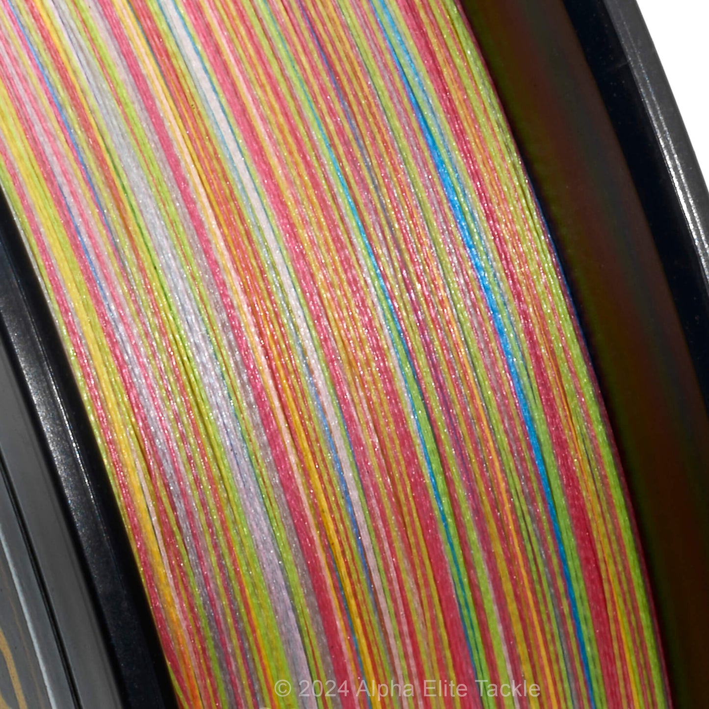 Close up of the YGK X Braid Ohdragon F1 Sinking Braid 200 meters multi-colored on a white backgound.