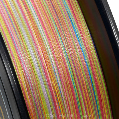 Close up of the YGK X Braid Ohdragon F1 Sinking Braid 200 meters multi-colored on a white backgound.