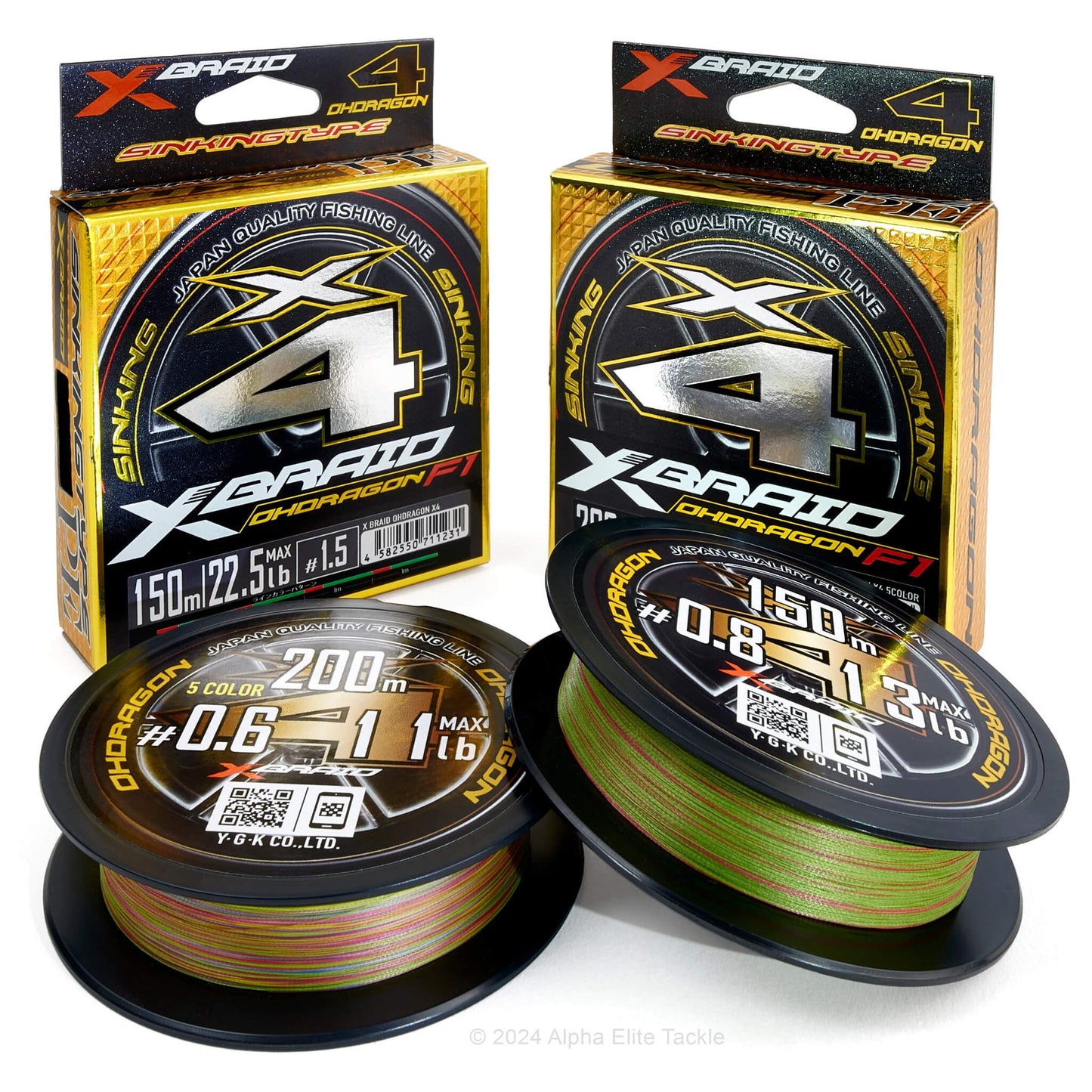 Two spools and two packages of the YGK X Braid Ohdragon F1 Sinking Braid on a white backgound.