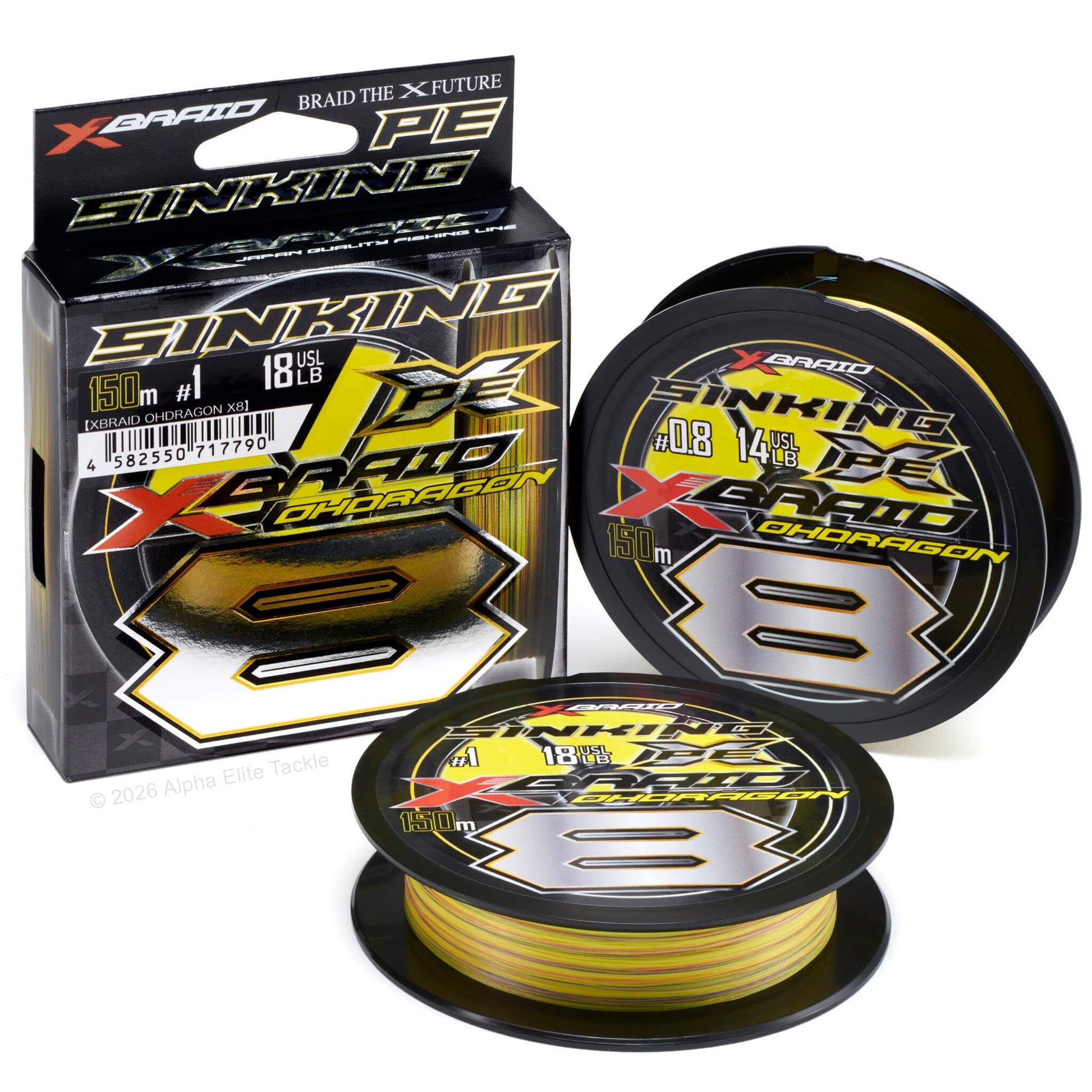 A package and close up of the YGK X-Braid Ohdragon PEx8 Sinking Braid fishing line