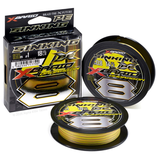 A package and close up of the YGK X-Braid Ohdragon PEx8 Sinking Braid fishing line