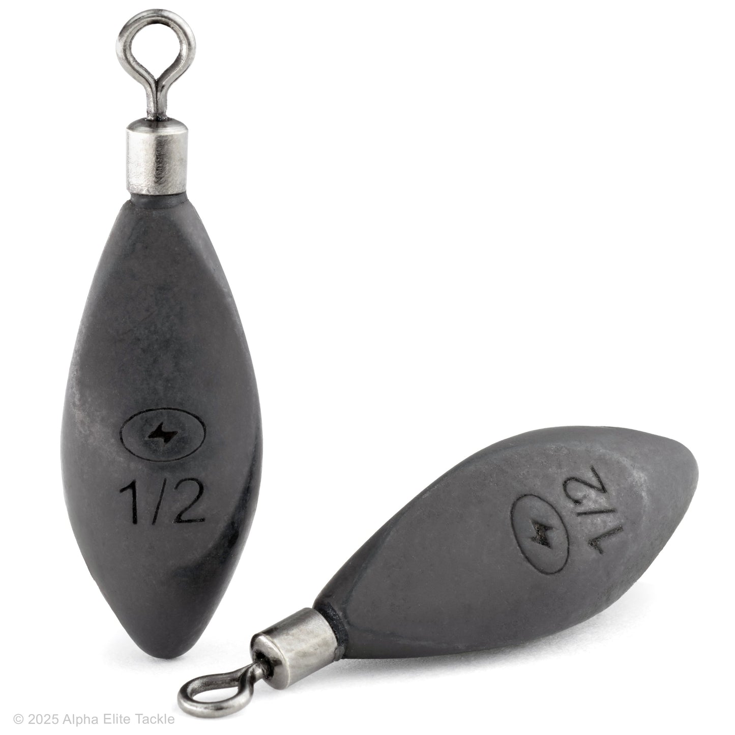 Close up of two Zappu Pin Free Shot weights on a white background.