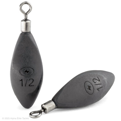Close up of two Zappu Pin Free Shot weights on a white background.
