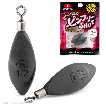 Close up of two Zappu Pin Free Shot weights and it's packaging on a white background.