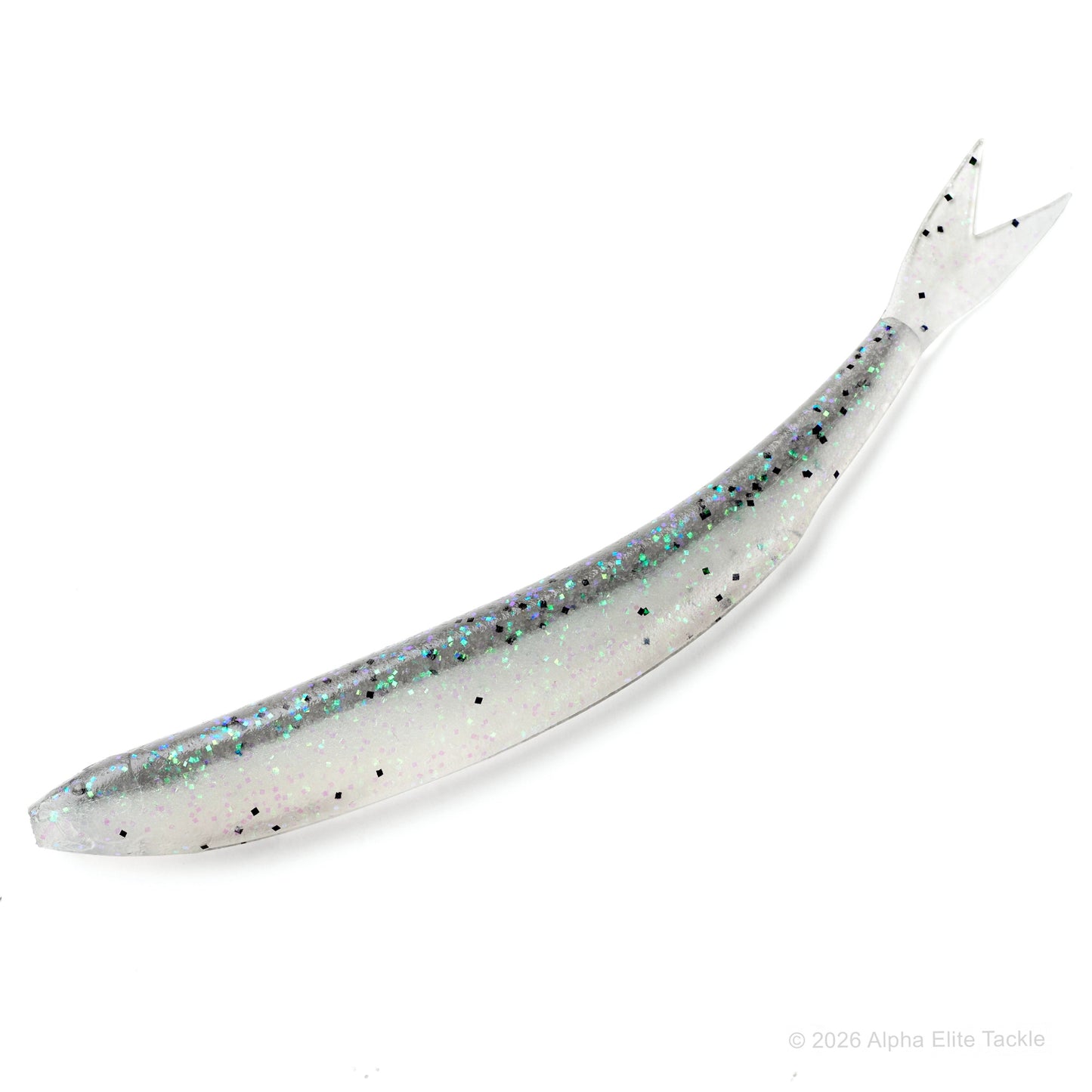 close up of the dream express scramble shad in the color smoke neon shiner on a white background