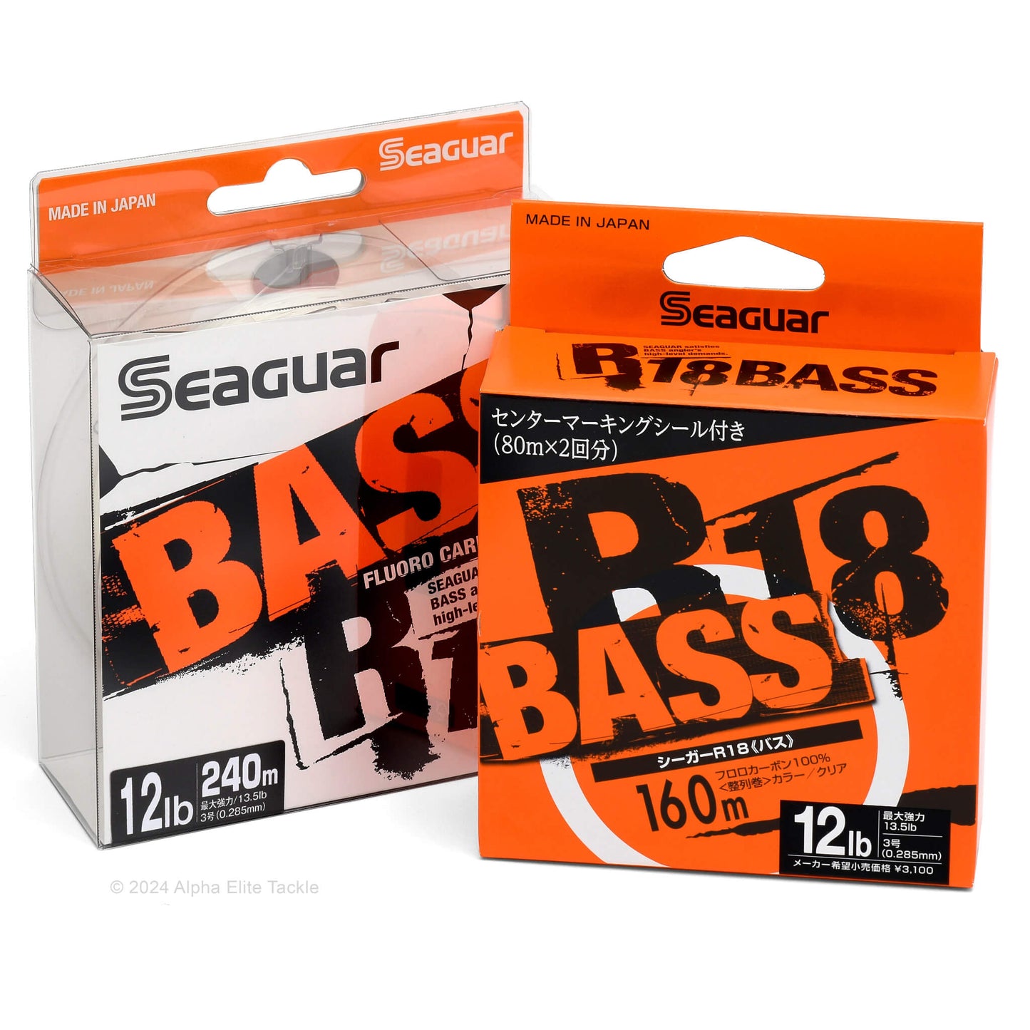 Two packages of Seaguar R18 Bass fishing line on a white background
