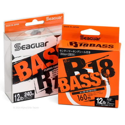 Two packages of Seaguar R18 Bass fishing line on a white background