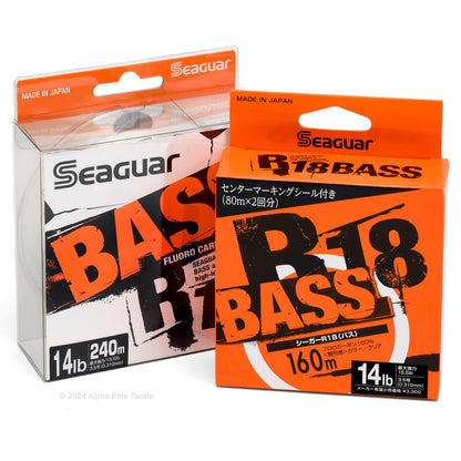 Two packages of Seaguar R18 Bass fishing line on a white background