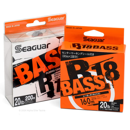 Two packages of Seaguar R18 Bass fishing line on a white background