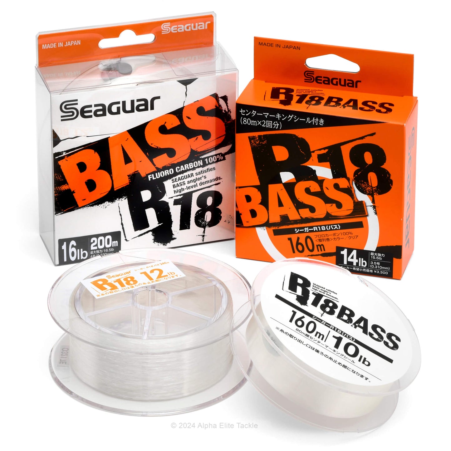 Seaguar R18 Bass fishing line packaging with spools on a white background