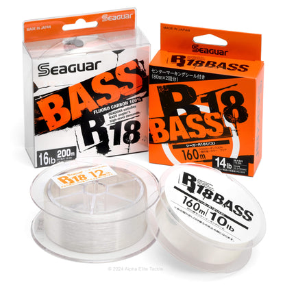 Seaguar R18 Bass fishing line packaging with spools on a white background