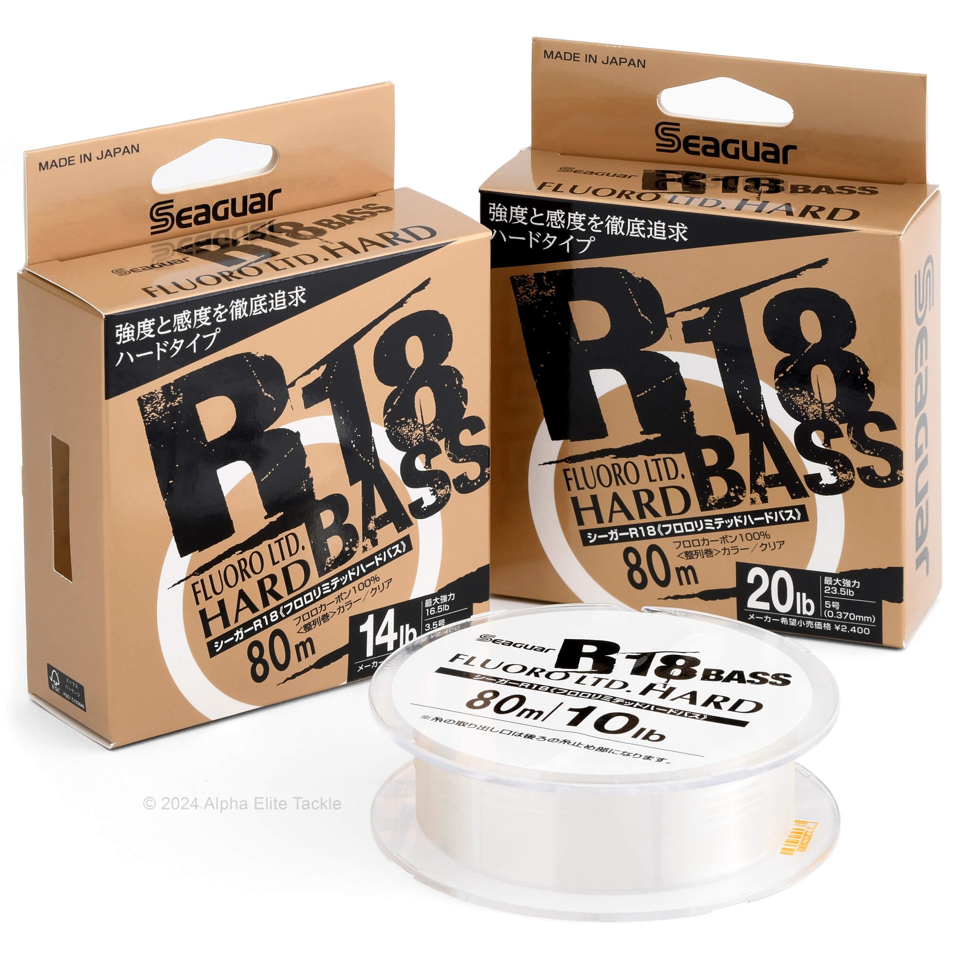 Two boxes of Seaguar R18 Bass Fluoro Ltd. Hard fishing line with a spool in front.