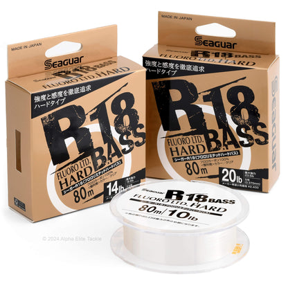 Two boxes of Seaguar R18 Bass Fluoro Ltd. Hard fishing line with a spool in front.