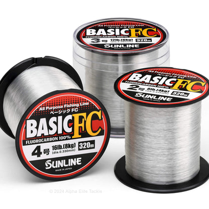 Three spools of Sunline Basic FC fluorocarbon fishing line on a white background