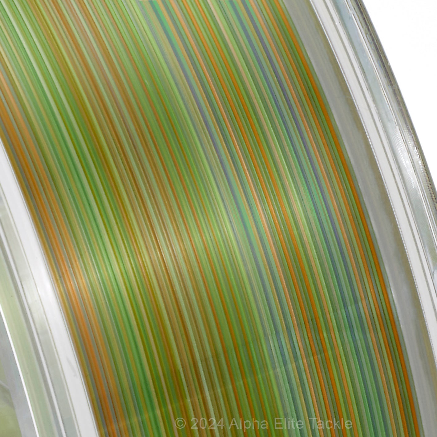 Close-up of sunline fc sniper invisible fishing line spool with multicolored fibers.