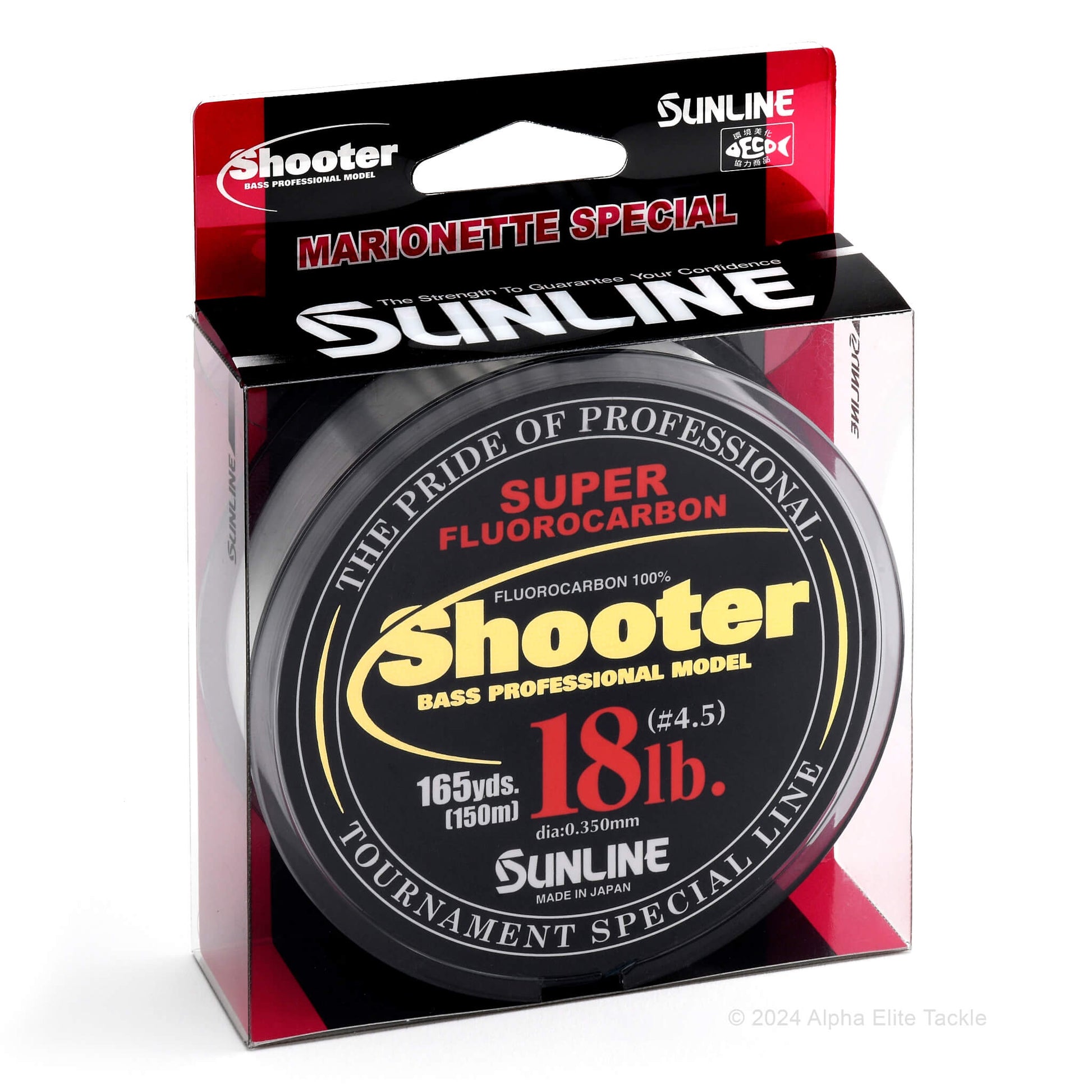 18 lb sunline shooter super fluorocarbon fishing line package on white background
