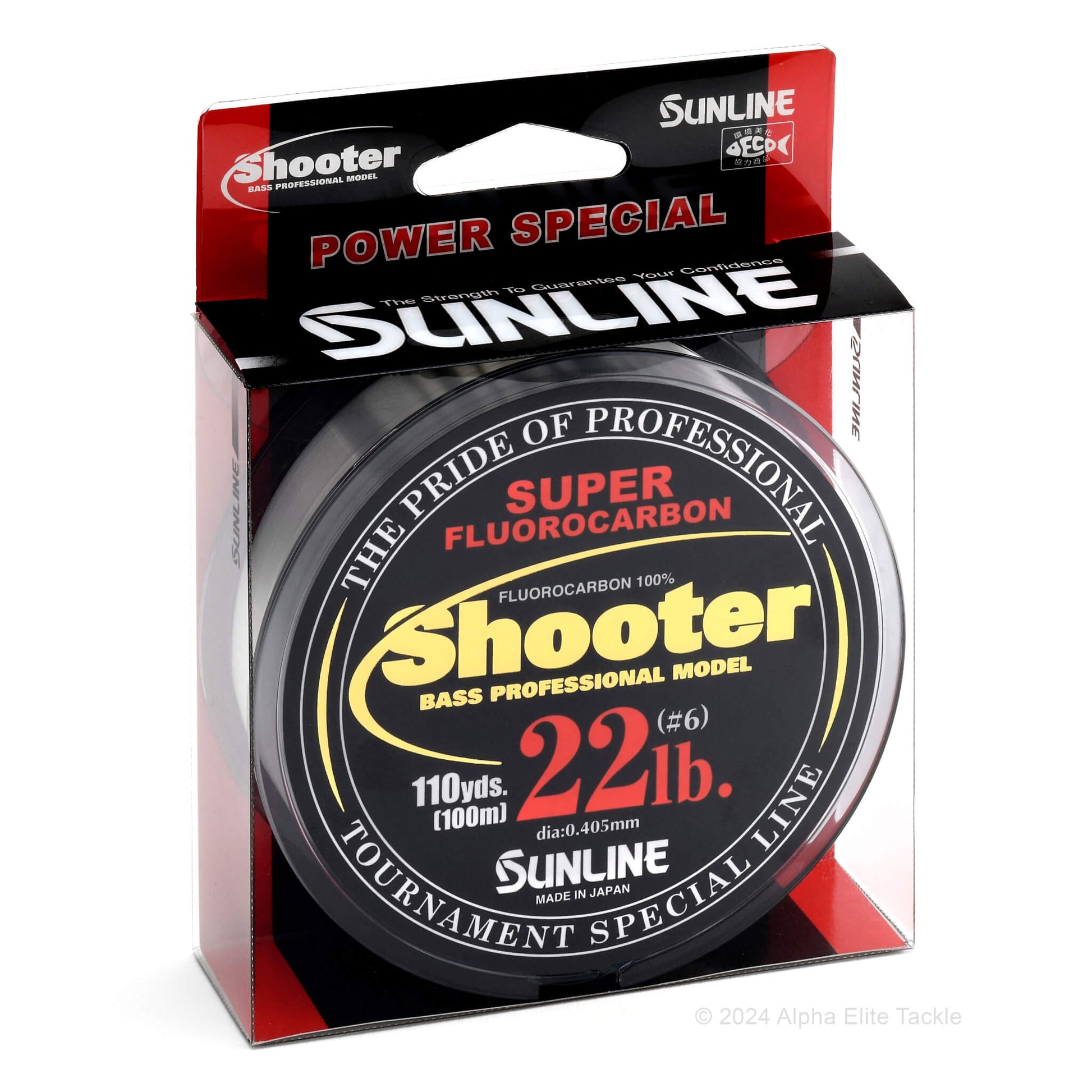 22 lb sunline shooter super fluorocarbon fishing line package on white background
