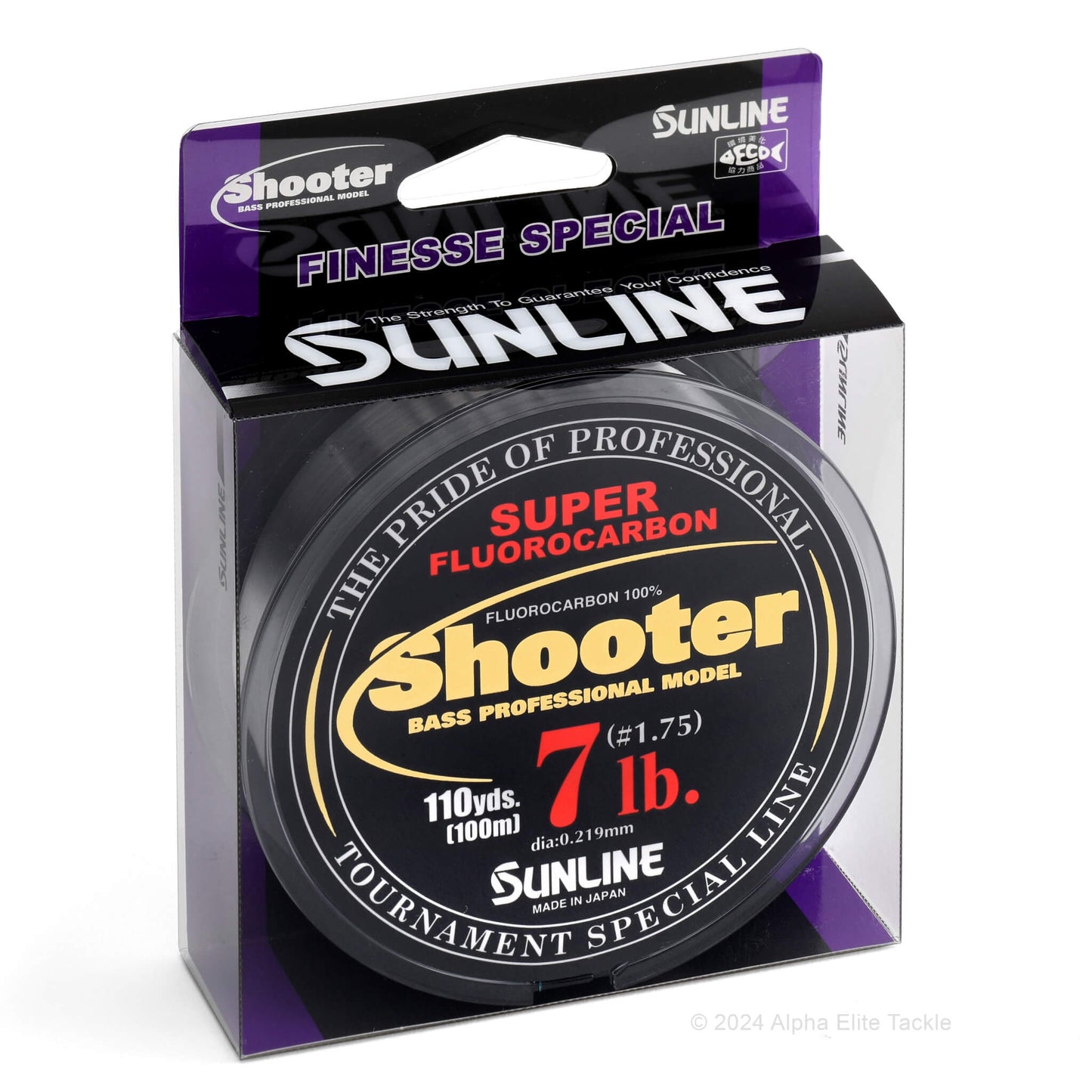 7 lb sunline shooter super fluorocarbon fishing line package on white background