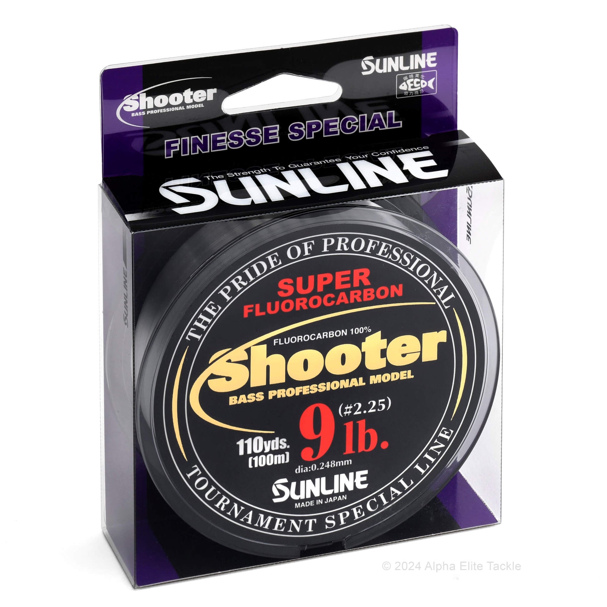 9 lb sunline shooter super fluorocarbon fishing line package on white background