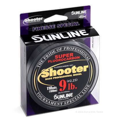 9 lb sunline shooter super fluorocarbon fishing line package on white background