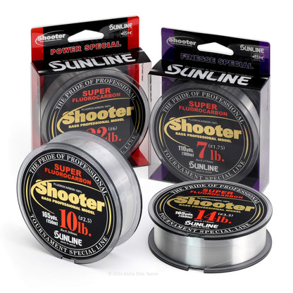 Sunline Shooter fishing line spools and packaging on a white background